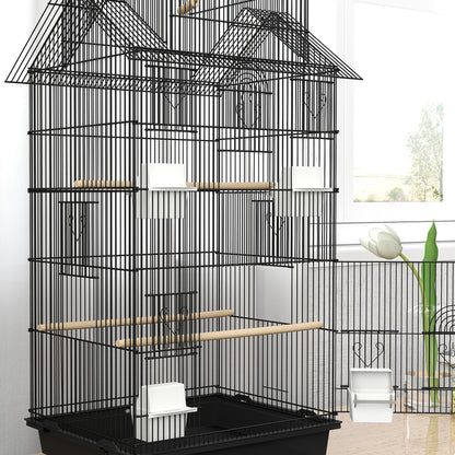 Metal Bird Cage w/ Perch, Food Container, Handle, for Finch, Canary