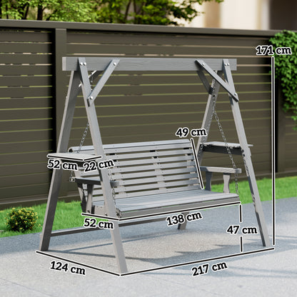 3 Seater Wooden Garden Swing Chair with Side Tables, Dark Grey