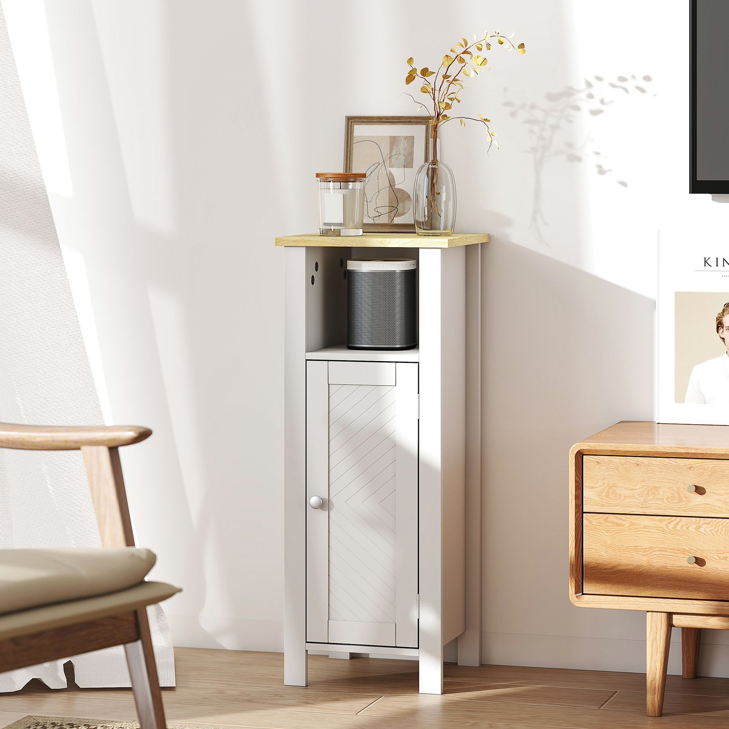 Narrow Bathroom Storage Cabinet with Open Shelf, White