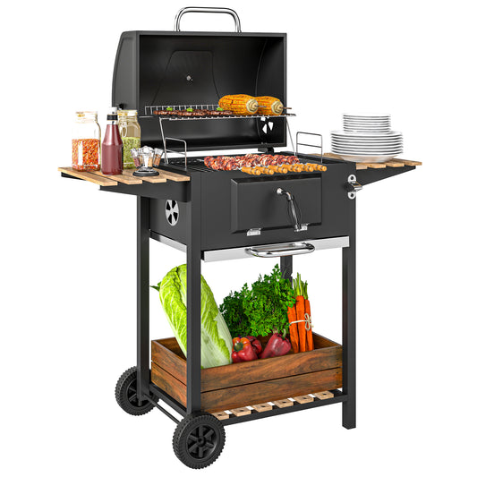 Charcoal BBQ Grill with Warming Rack 3 Shelves Temperature Gauge