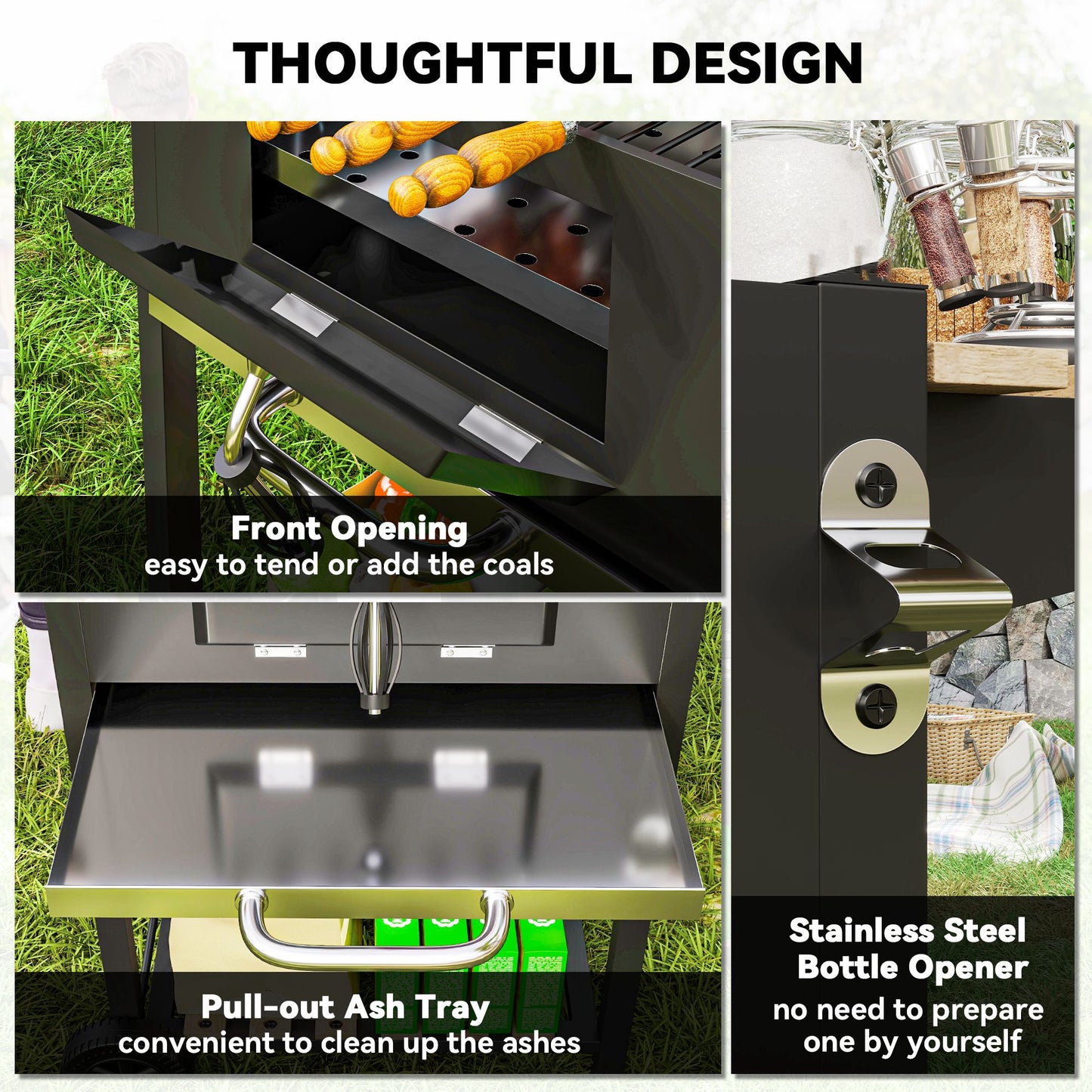 Charcoal BBQ Grill with Warming Rack 3 Shelves Temperature Gauge