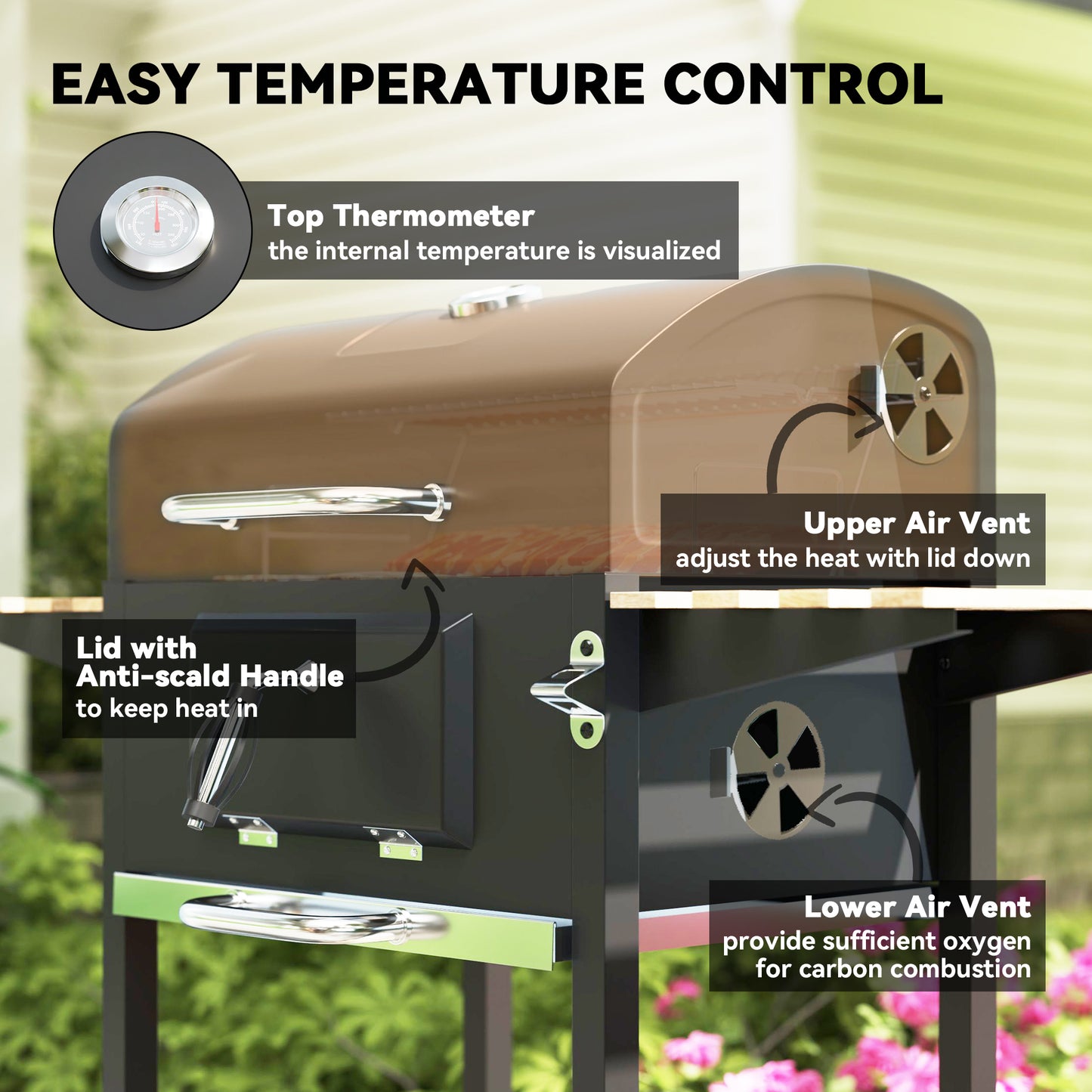 Charcoal BBQ Grill with Warming Rack 3 Shelves Temperature Gauge