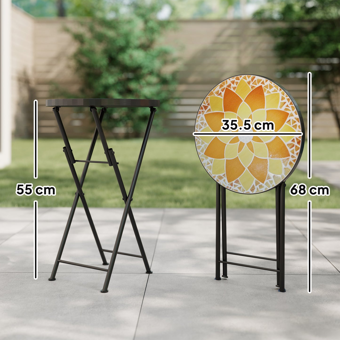 Mosaic Garden Table, 35.5cm Folding Coffee Table, Yellow