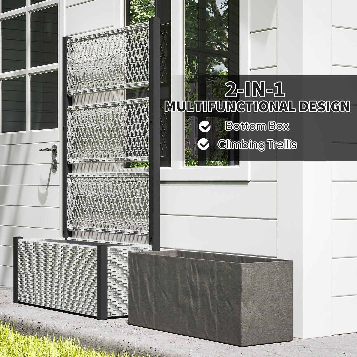 Garden Planter Box with Trellis, Rattan Raised Bed, Mixed-grey