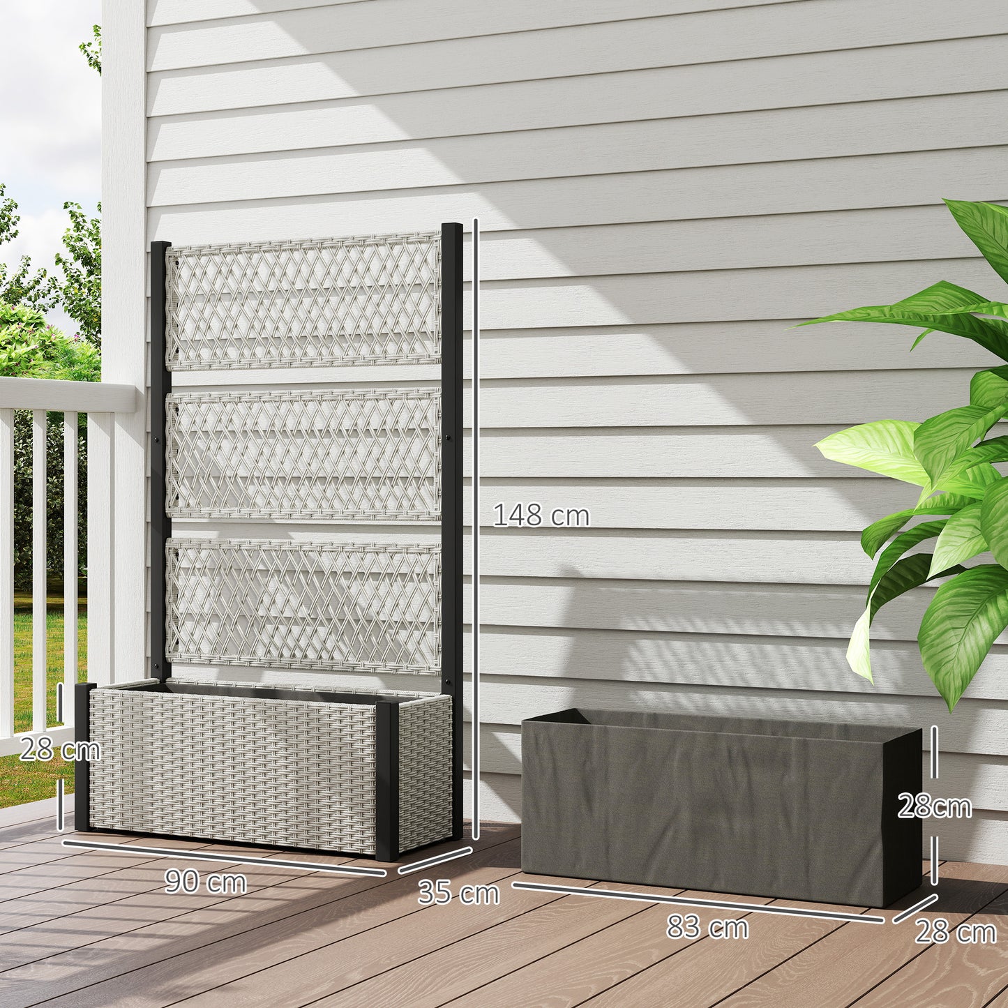Garden Planter Box with Trellis, Rattan Raised Bed, Mixed-grey