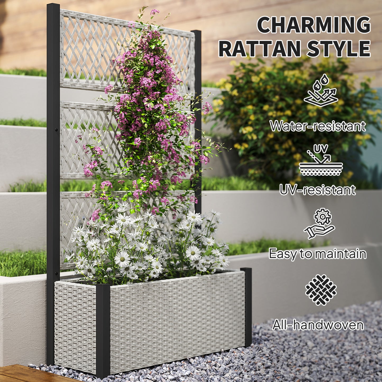 Garden Planter Box with Trellis, Rattan Raised Bed, Mixed-grey