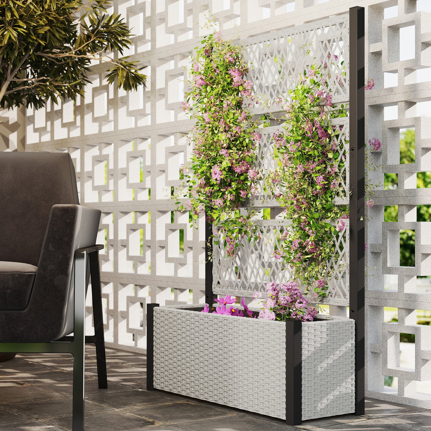 Garden Planter Box with Trellis, Rattan Raised Bed, Mixed-grey