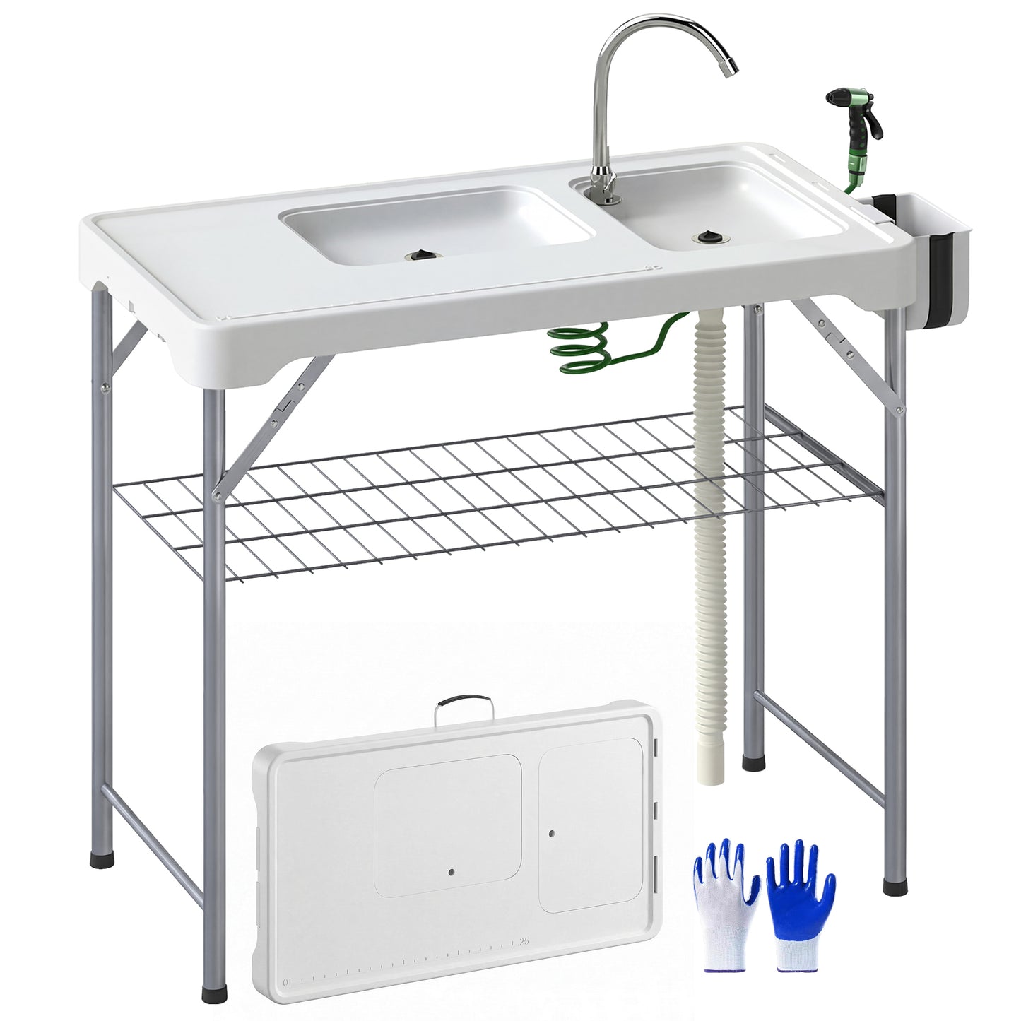 Folding Fish Cleaning Table Camping Sink Table with Faucet, White