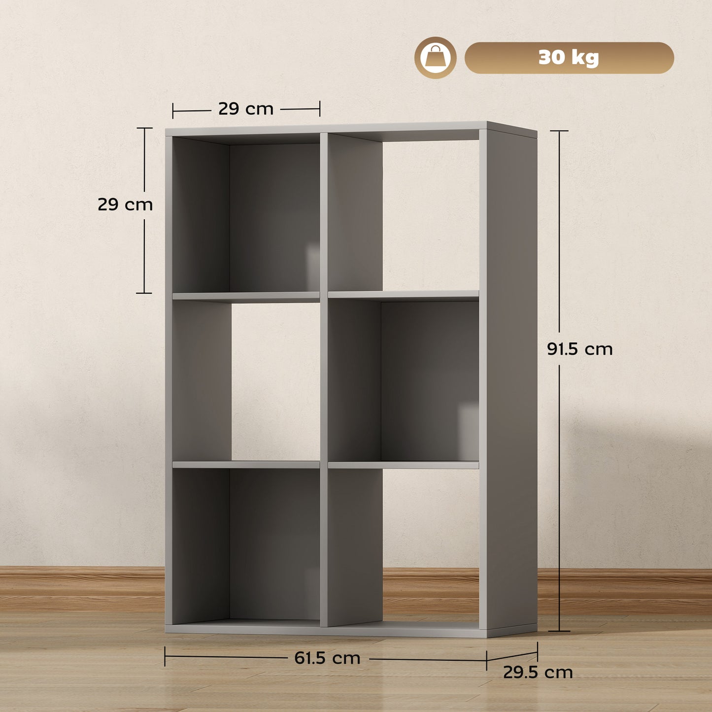 6-Cube Bookshelf, Display Shelving Unit for Home Office, Light Grey