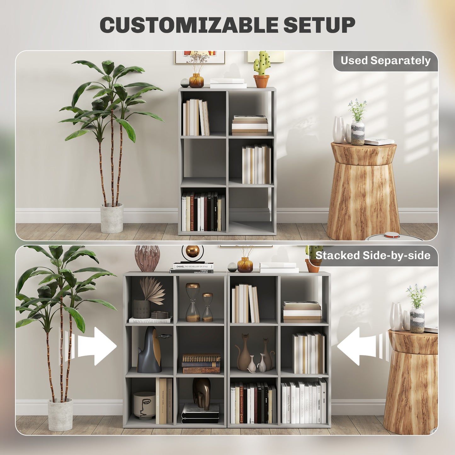 6-Cube Bookshelf, Display Shelving Unit for Home Office, Light Grey