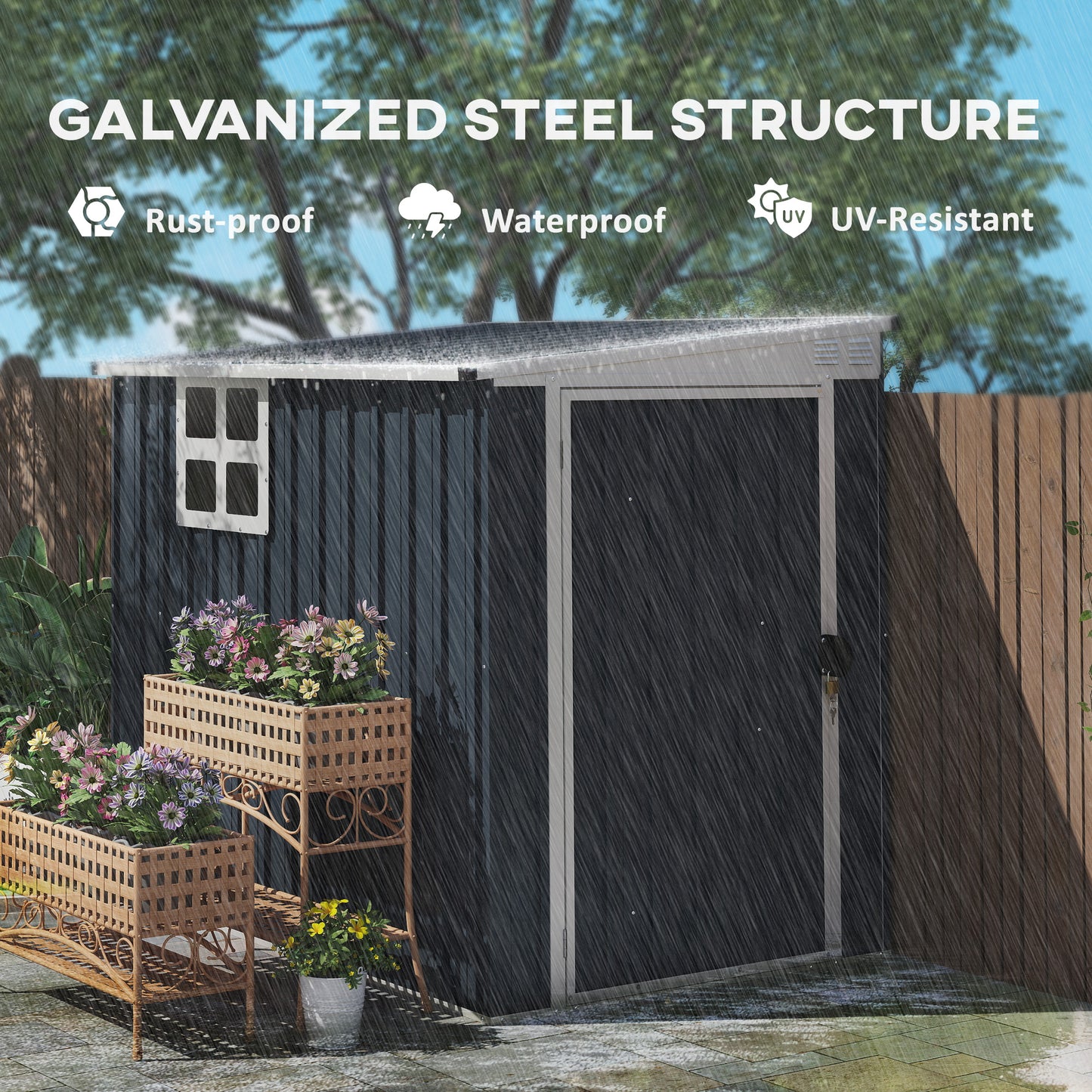 4 x 6ft Outdoor Garden Storage Shed, Metal Shed with Window, 2 Vents and Lockable Door for Garden, Patio, Dark Grey