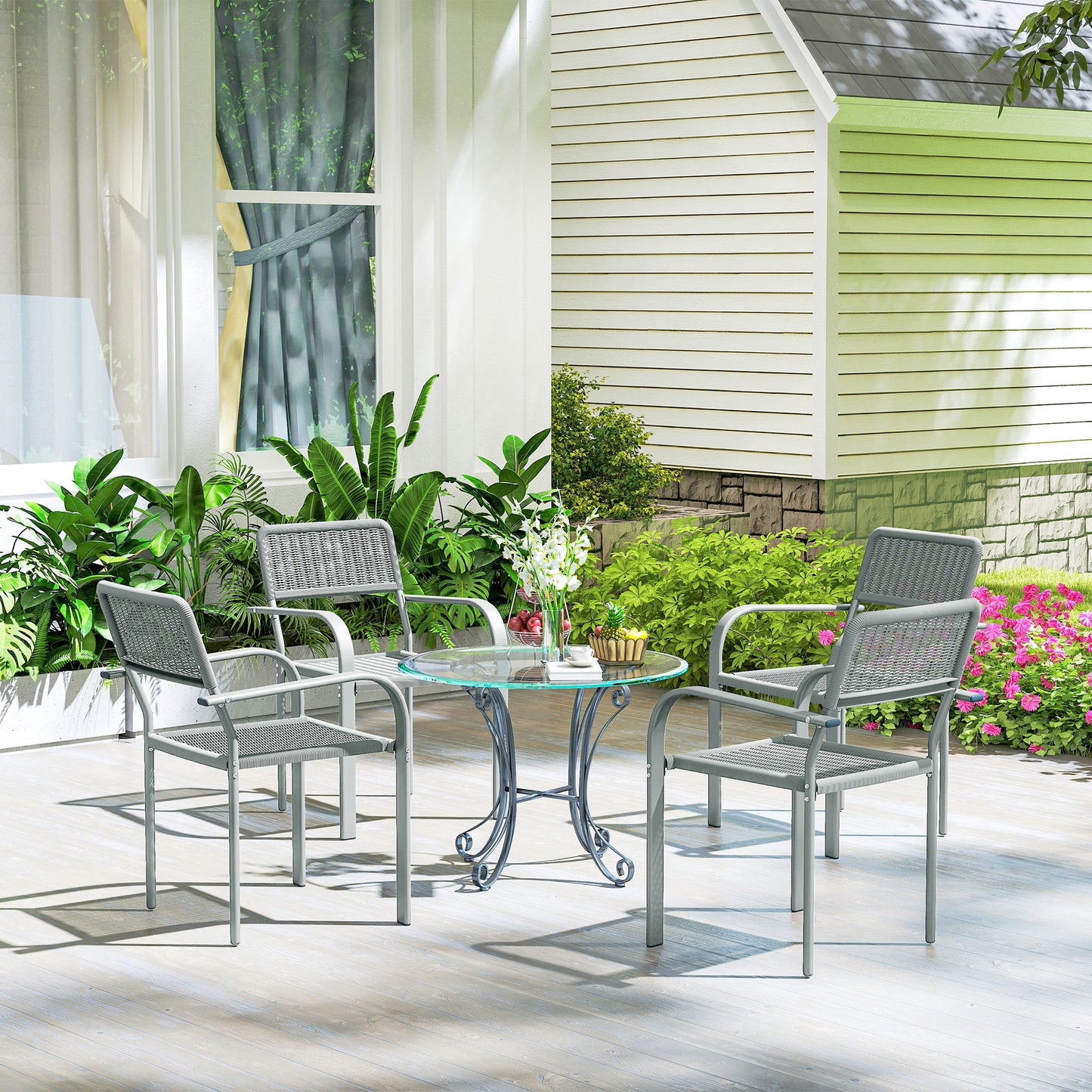 Garden Chairs Set of 4, Stackable & Rattan Effect, Light Grey