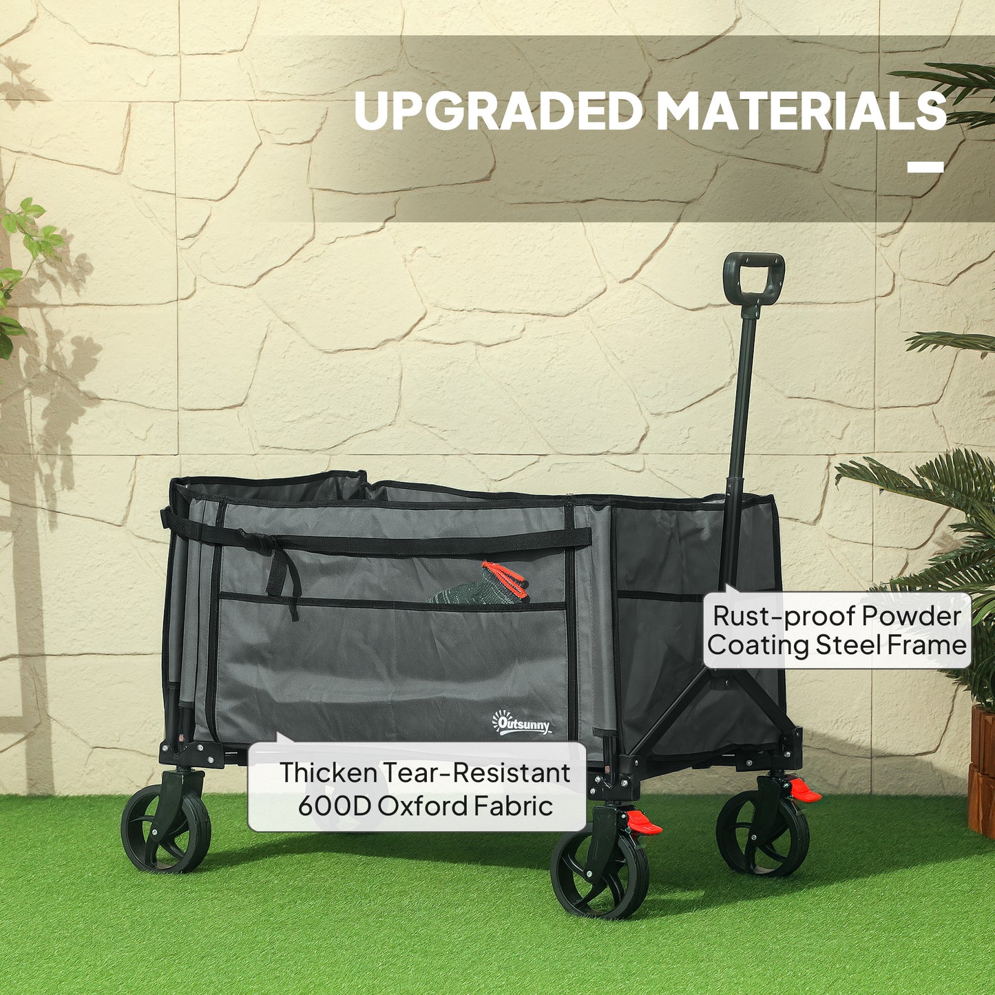 Folding Trolley on Wheels, Garden Cart with Openable Sides, Grey