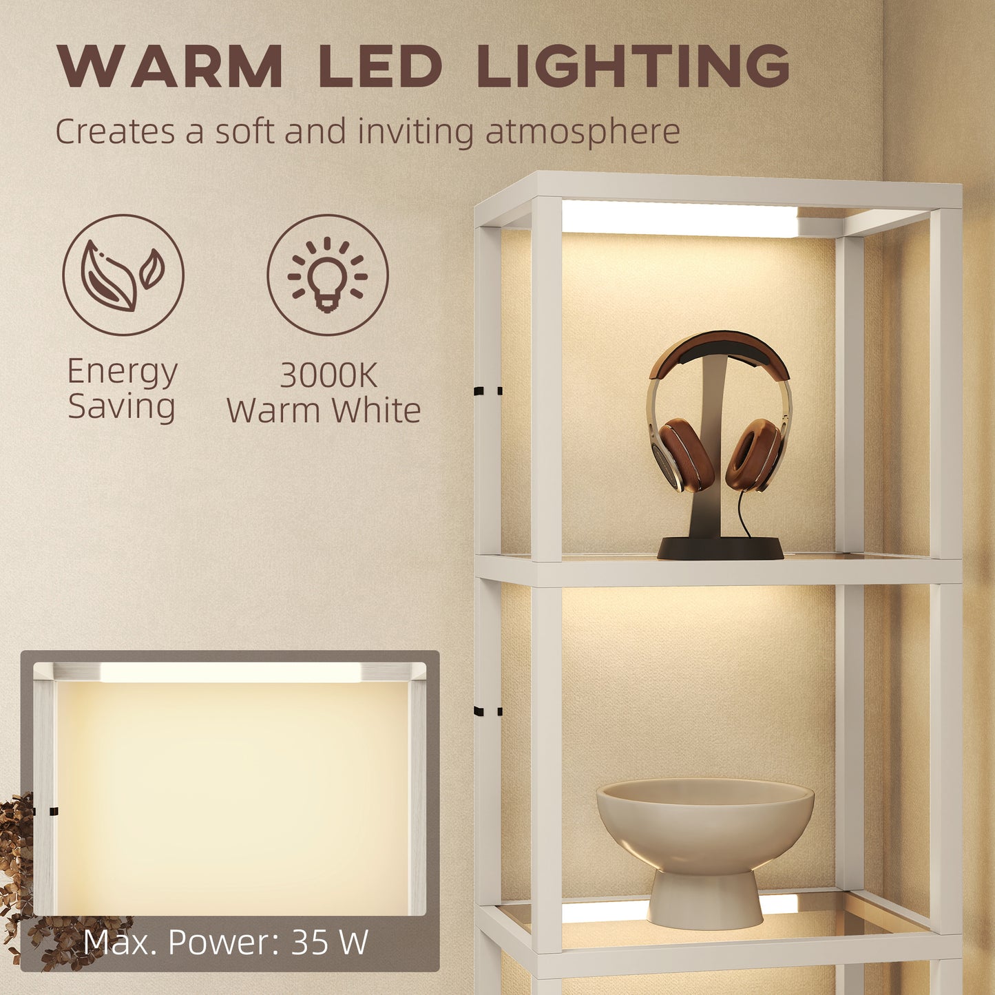 LED Floor Lamp with Glass Shelves, Dimmable Room Lamp, Oak