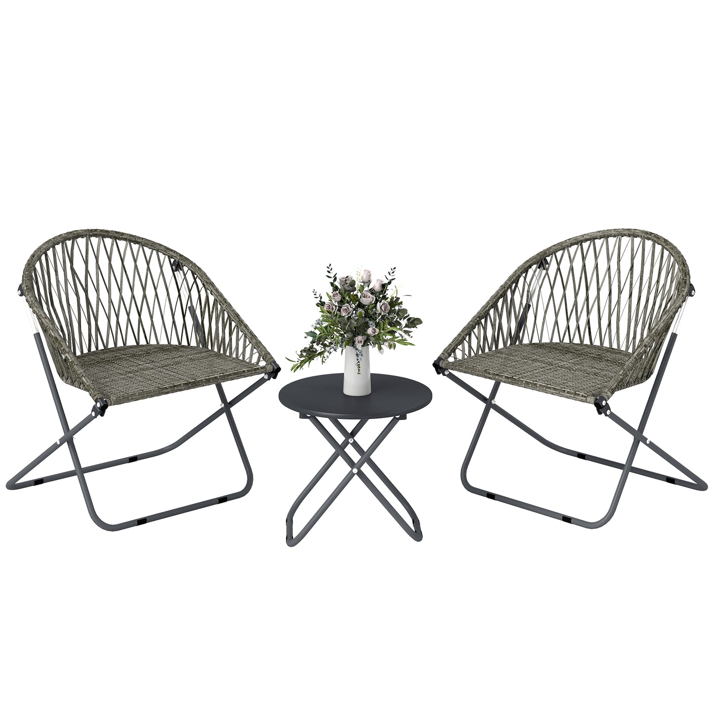 Outdoor Bistro Set, Folding Table and Rattan Chairs for 2, Grey