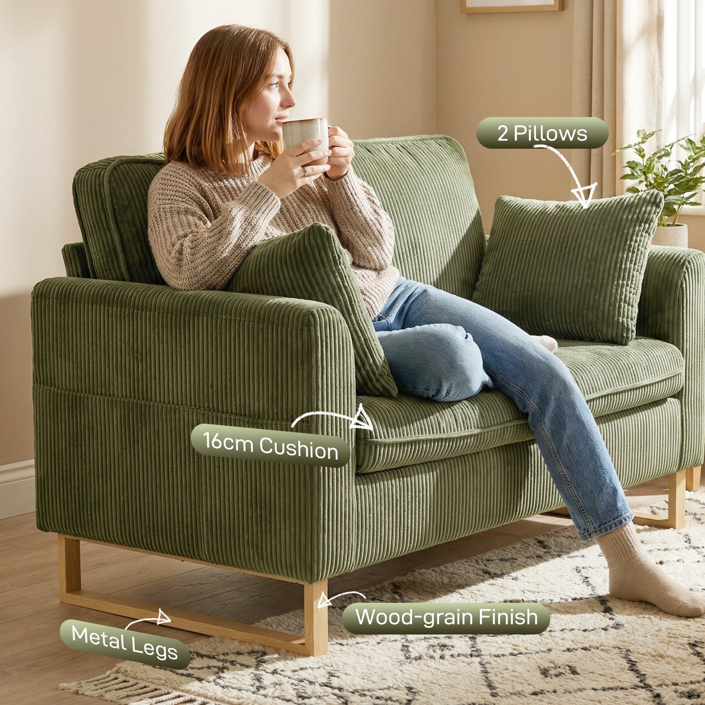 2 Seater Sofa, Corduroy Sofa w/ Spring Cushions 2 Pillows, Dark Green