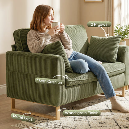 2 Seater Sofa, Corduroy Sofa w/ Spring Cushions 2 Pillows, Dark Green