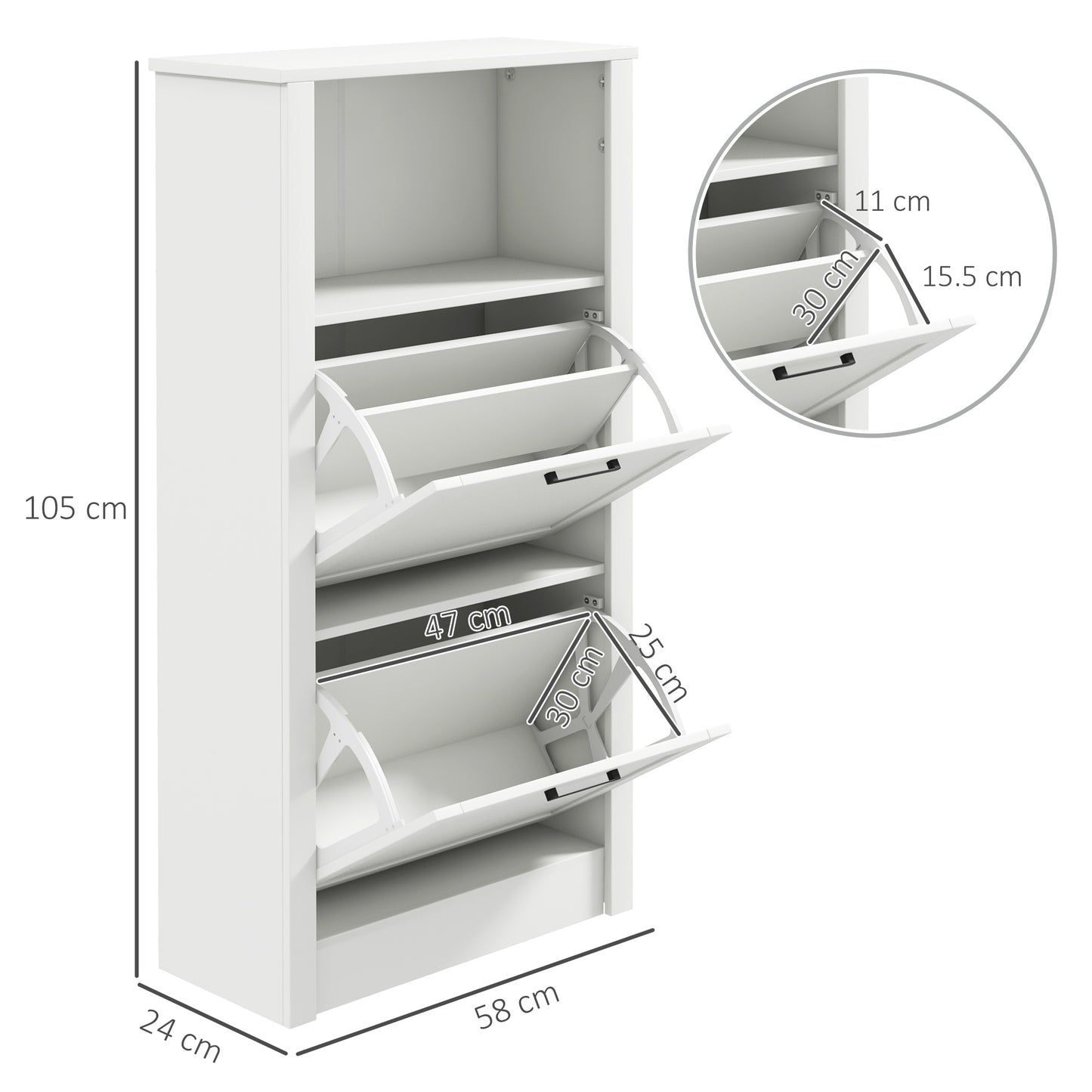 Modern Shoe Cabinet with 2 Flip Drawers and Adjustable Shelves, White