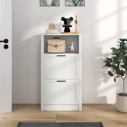 Modern Shoe Cabinet with 2 Flip Drawers and Adjustable Shelves, White