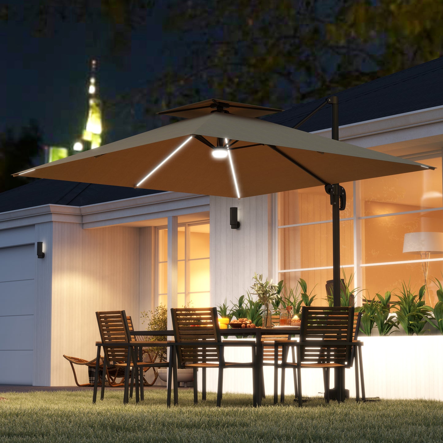 2.5m Cantilever Parasol, Garden Parasol with Lights, Khaki