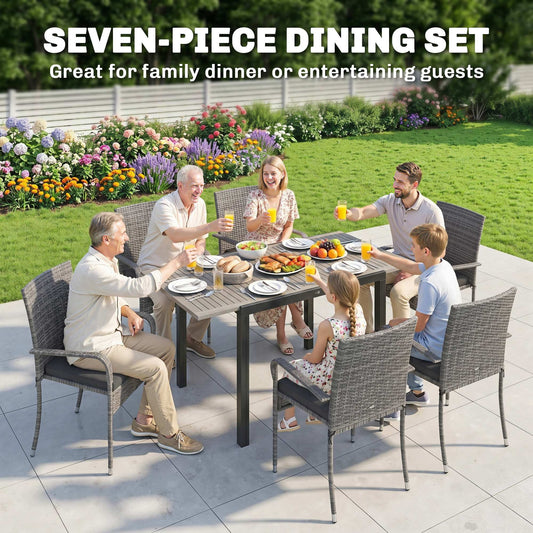 7 Piece Rattan Garden Furniture Set, 6 Seater Garden Table and 6 Stackable Chairs with Extendable Acacia Wood Tabletop, All-Weather Outdoor Furniture with Cushions for Patio, Light Grey
