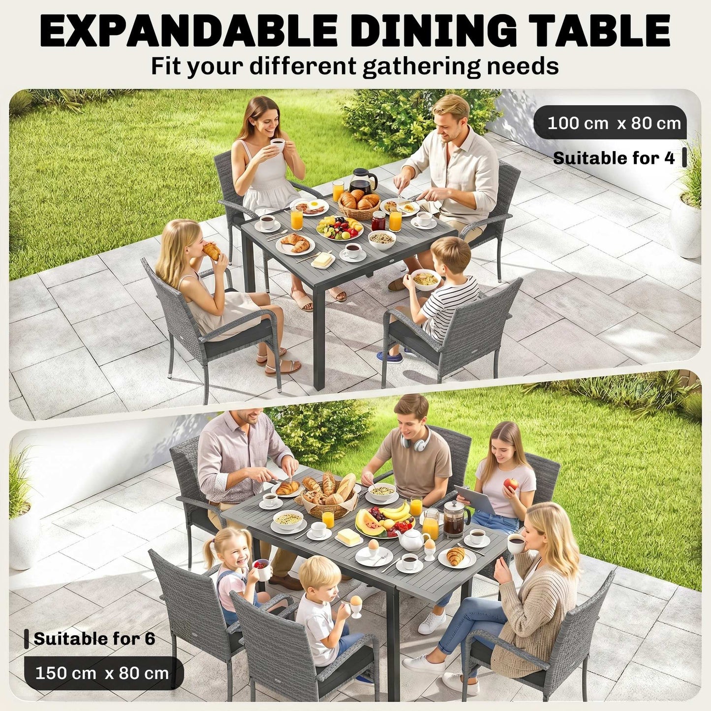 7 Piece Rattan Garden Furniture Set, 6 Seater Garden Table and 6 Stackable Chairs with Extendable Acacia Wood Tabletop, All-Weather Outdoor Furniture with Cushions for Patio, Light Grey