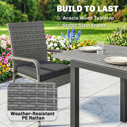 7 Piece Rattan Garden Furniture Set, 6 Seater Garden Table and 6 Stackable Chairs with Extendable Acacia Wood Tabletop, All-Weather Outdoor Furniture with Cushions for Patio, Light Grey