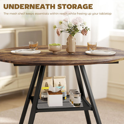 Round Dining Table for 4, 100 cm Kitchen Table w/ Shelf, Rustic Brown