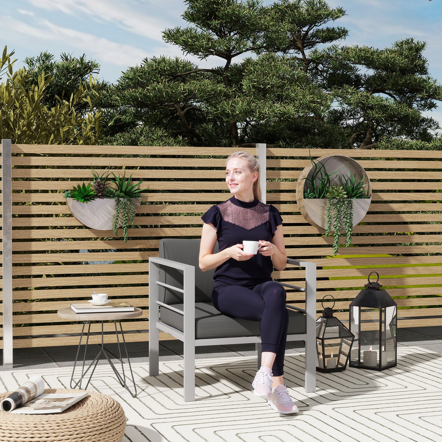 Patio Furniture Aluminium Armchair with Cushions, Charcoal Grey