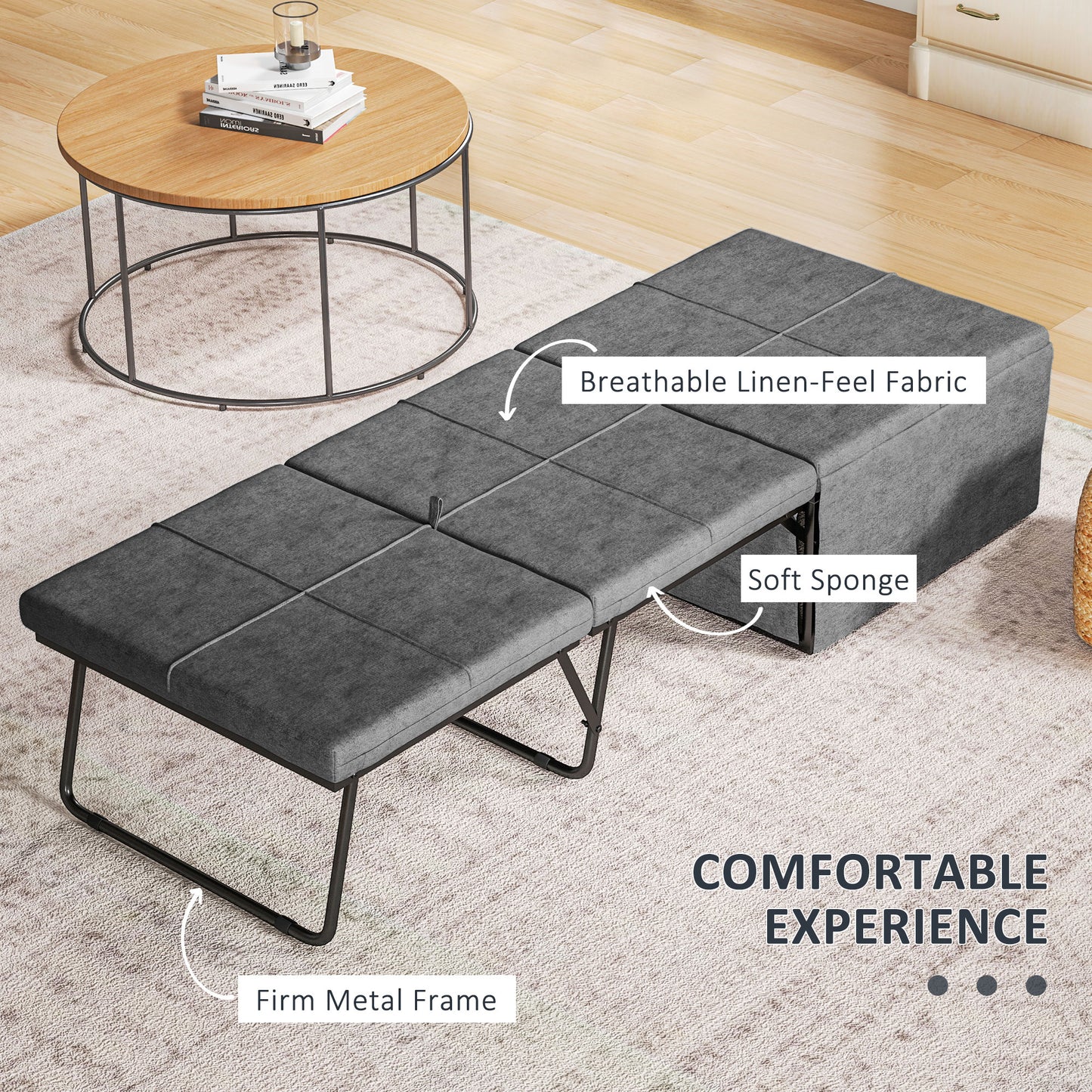 Linen Foldable Guest Bed Dust Cover and Metal Frame, 69 x 181.5 cm