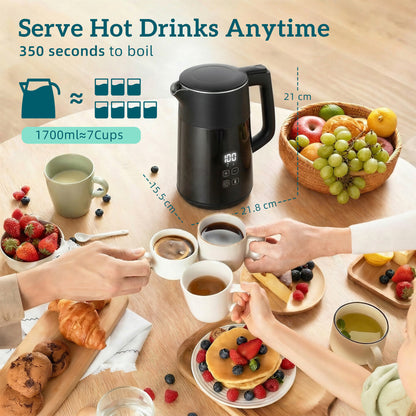 Electric Kettle, 1.7L Fast Boil 3kW Water Kettle with UK Strix Thermostat, LED Display, Keep Warm Function, Auto Shut-off and Boil-Dry Protection, Black