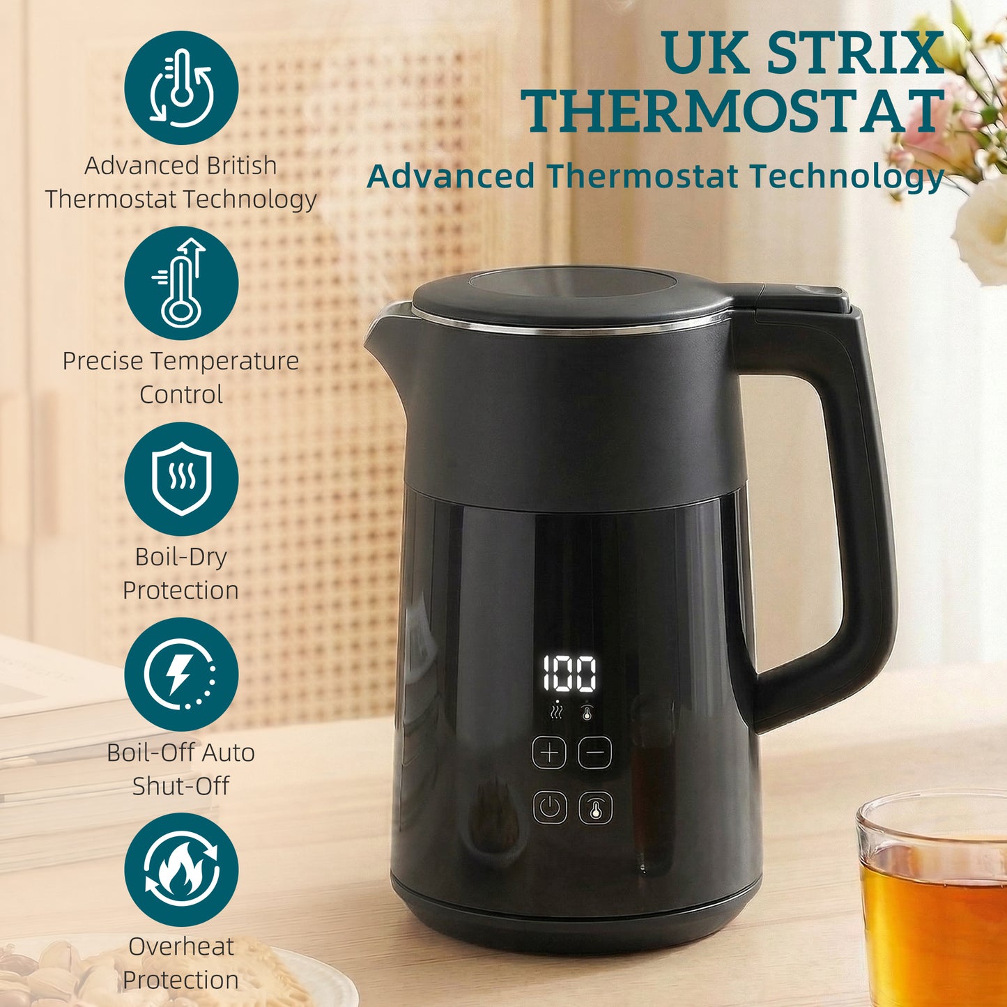 Electric Kettle, 1.7L Fast Boil 3kW Water Kettle with UK Strix Thermostat, LED Display, Keep Warm Function, Auto Shut-off and Boil-Dry Protection, Black