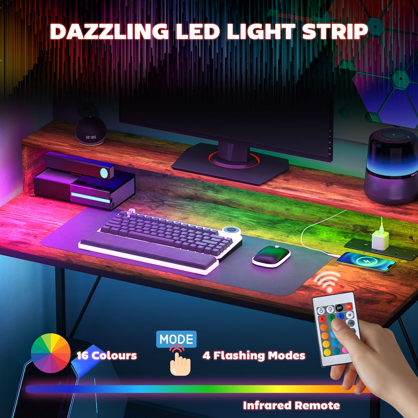 Computer Table with LED Lights, Gaming Desk with Shelf, Rustic Brown