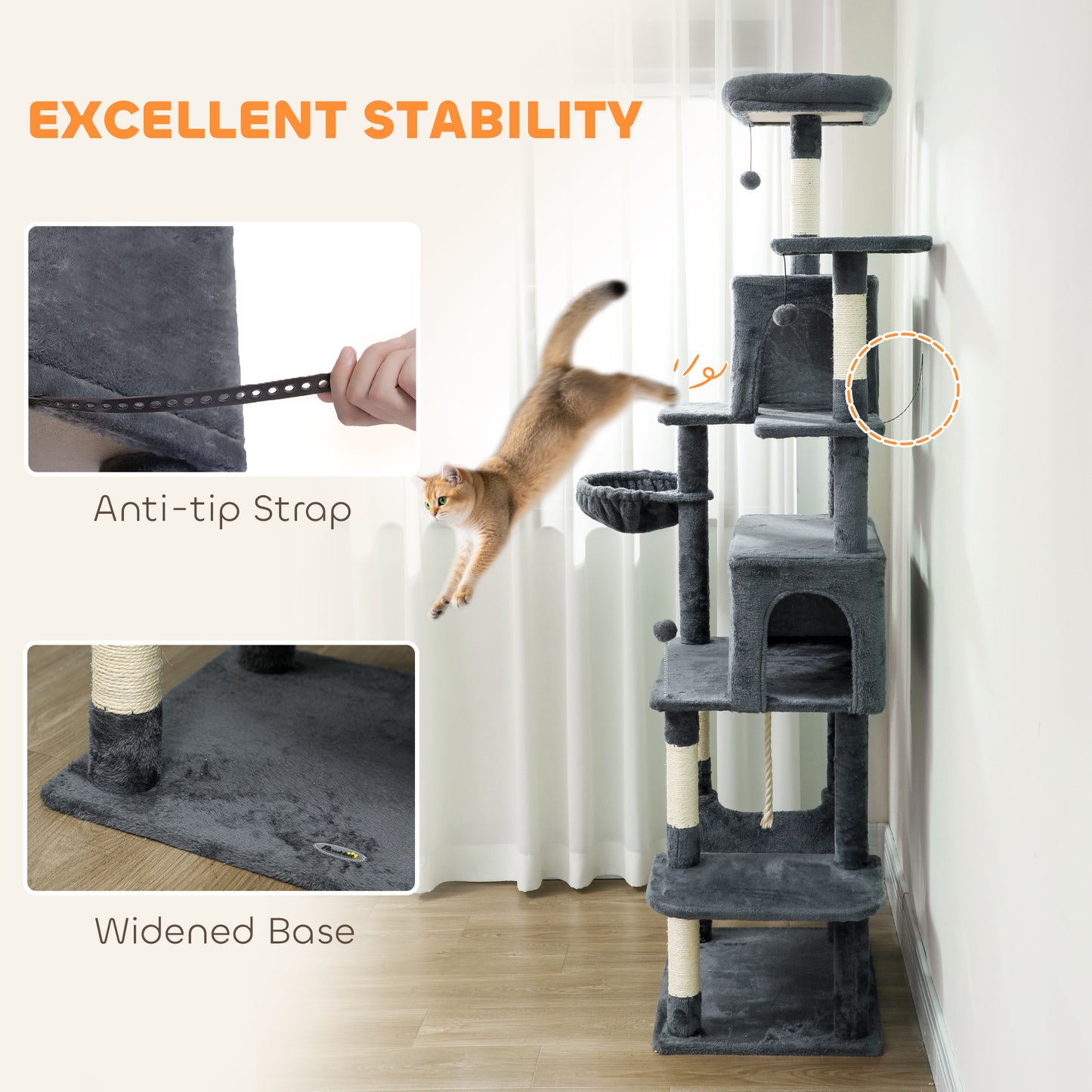 Cat Tree, 202cm Cat Tower with 2 Condos, 2 Hammocks, 2 Perches