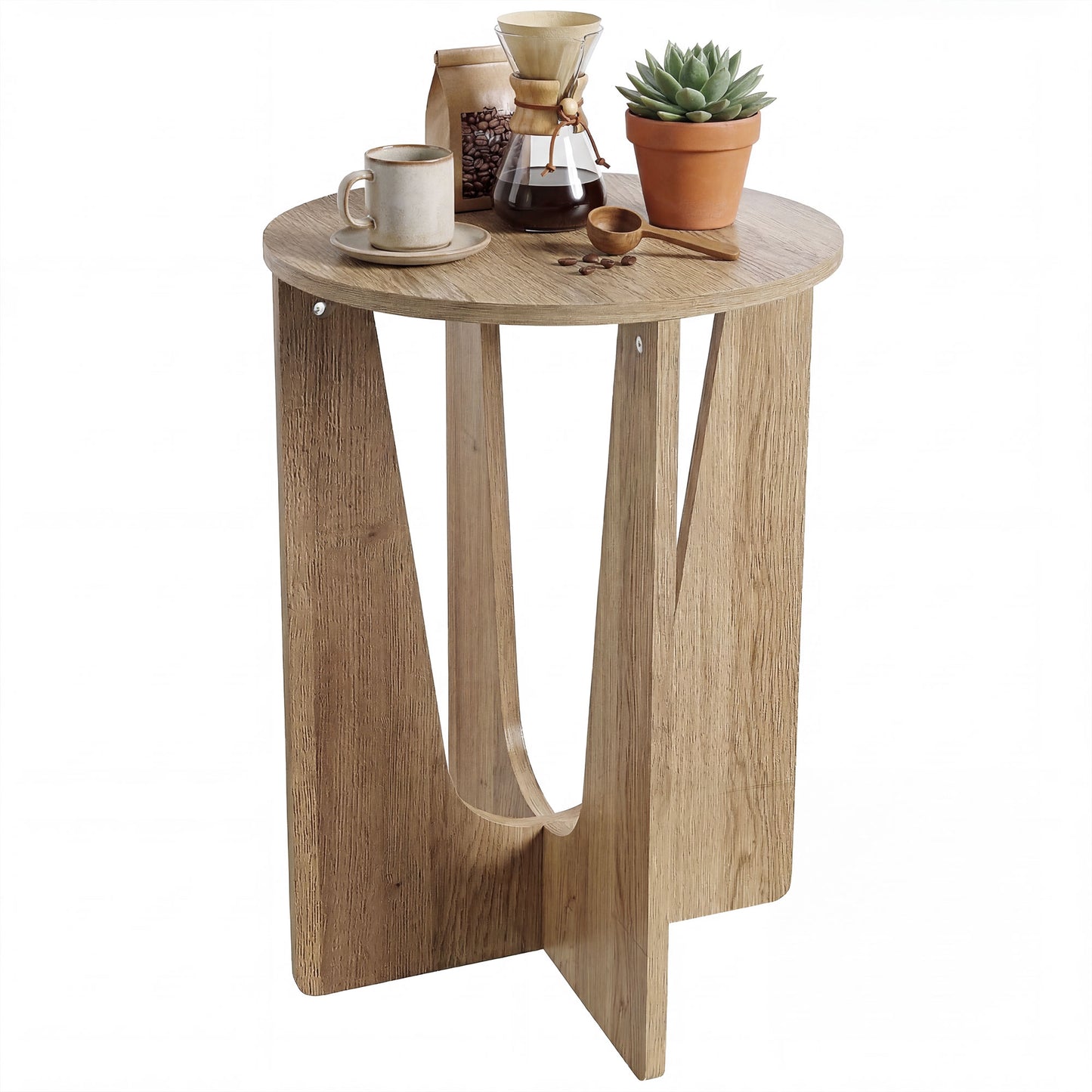 Round Side Table, End Table with Curved Legs Coffee Wood Effect