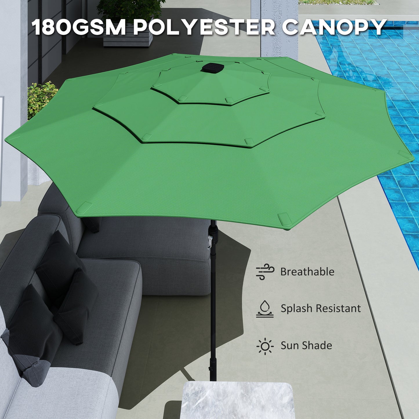 Garden Parasol, Outdoor Umbrella with Tilt Function, Green