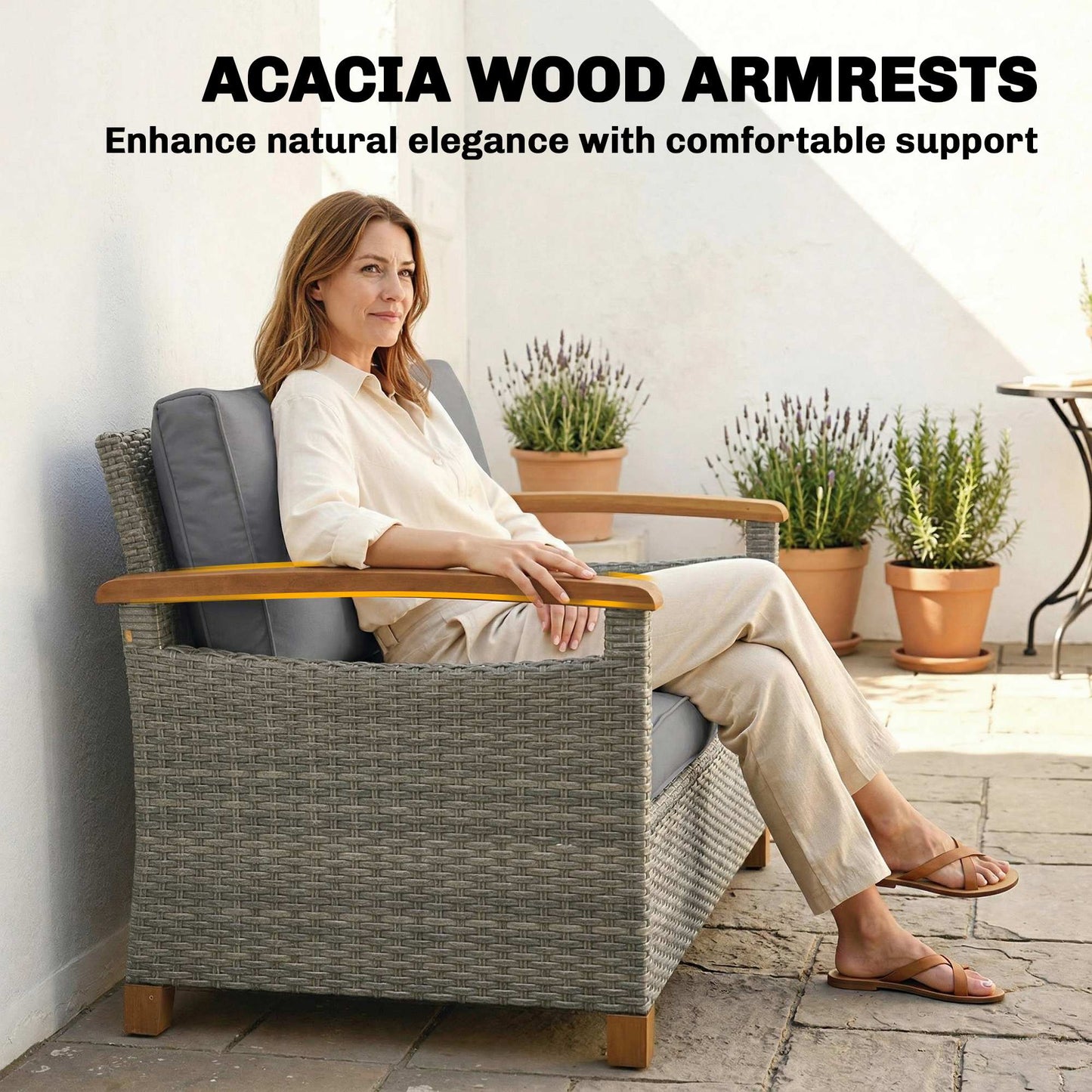 2 Seater Rattan Garden Sofa with Acacia Wood Armrests, Dark Grey