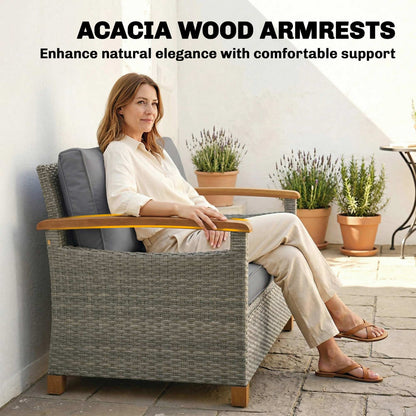 2 Seater Rattan Garden Sofa with Acacia Wood Armrests, Dark Grey
