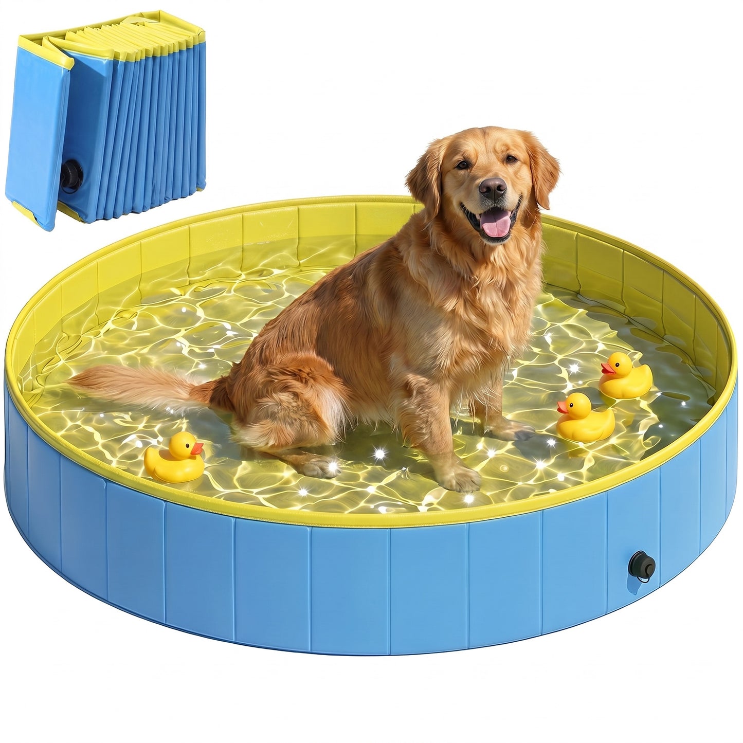 Foldable Dog Pool for Puppies and Ducks, Thickened PVC Dog Paddling Pool Bath Tub Hard Board, Anti-Slip Bottom and Hose Adapter for Easy Drainage, 140 x 30cm, Blue and Yellow