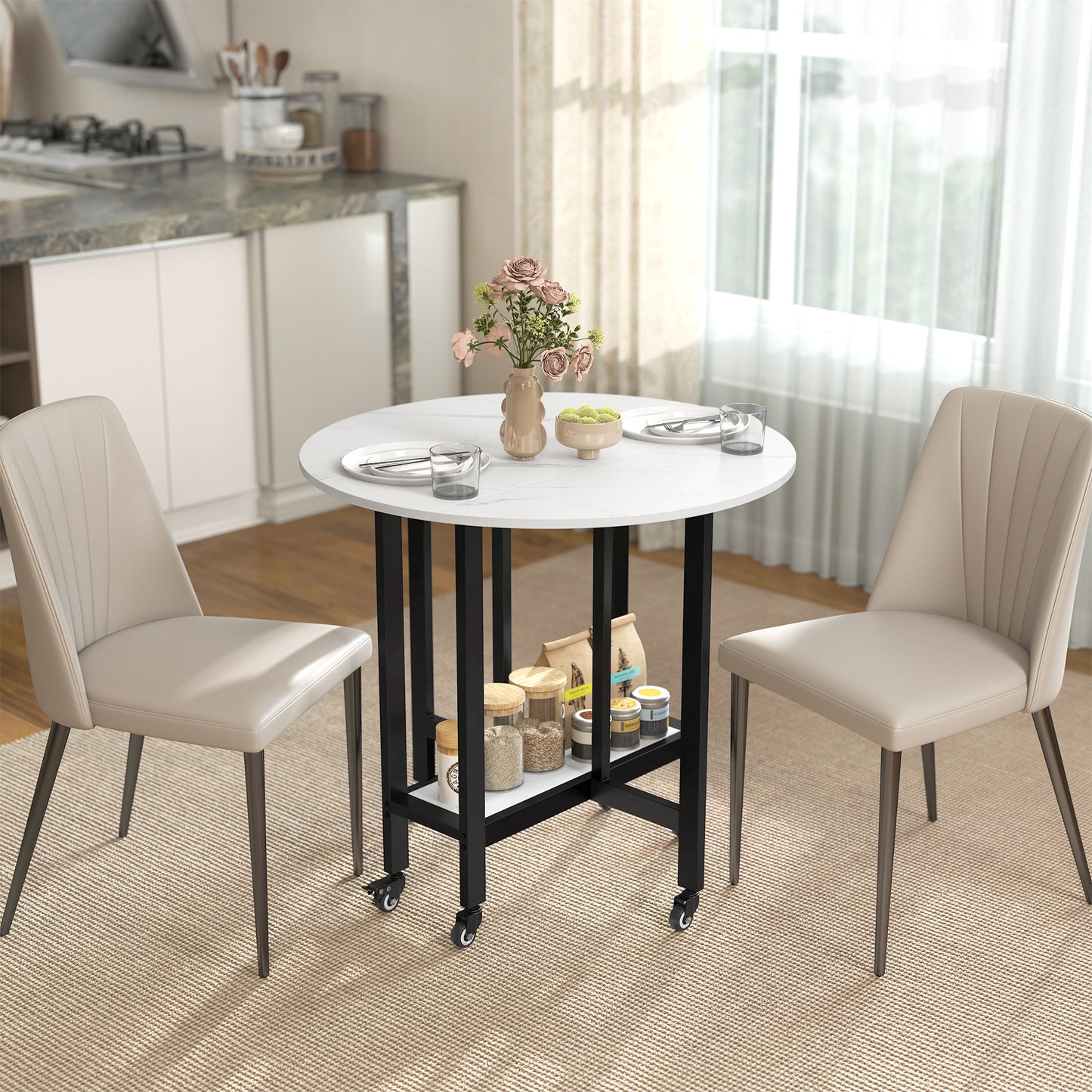 Folding Dining Table, Drop Leaf Table with Open Shelf, White Marble