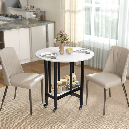 Folding Dining Table, Drop Leaf Table with Open Shelf, White Marble