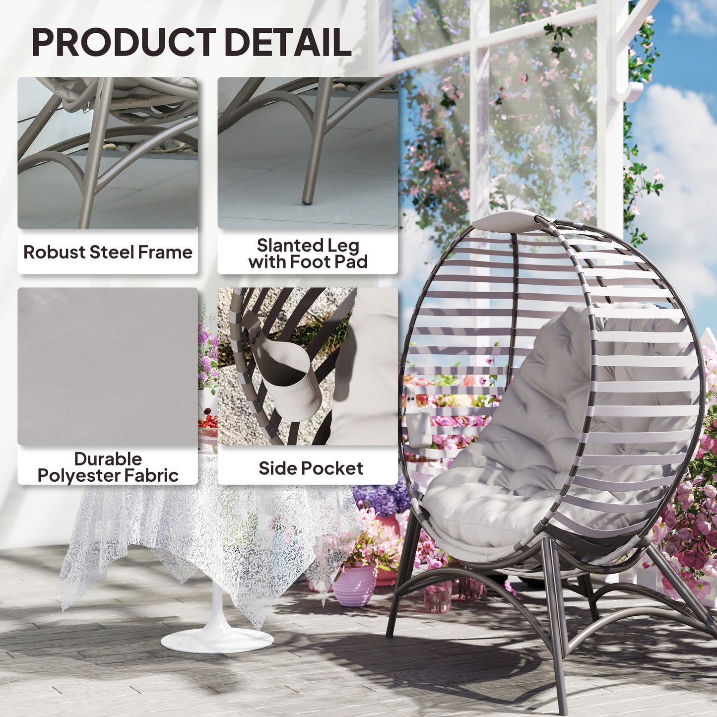 Egg Chair w/ Cushion Steel Frame and Side Pocket, Light Grey