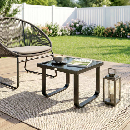 Garden Coffee Table Outdoor Side Table with Glass Top Black
