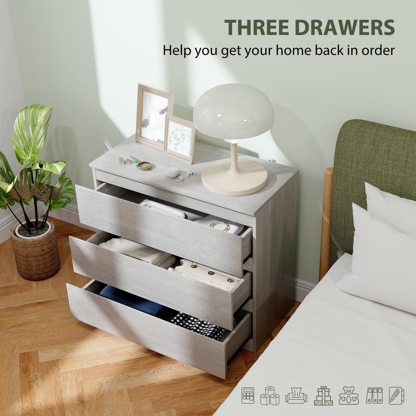 Chest of Drawers, 3 Drawer Storage Cabinet Unit for Bedroom, Grey