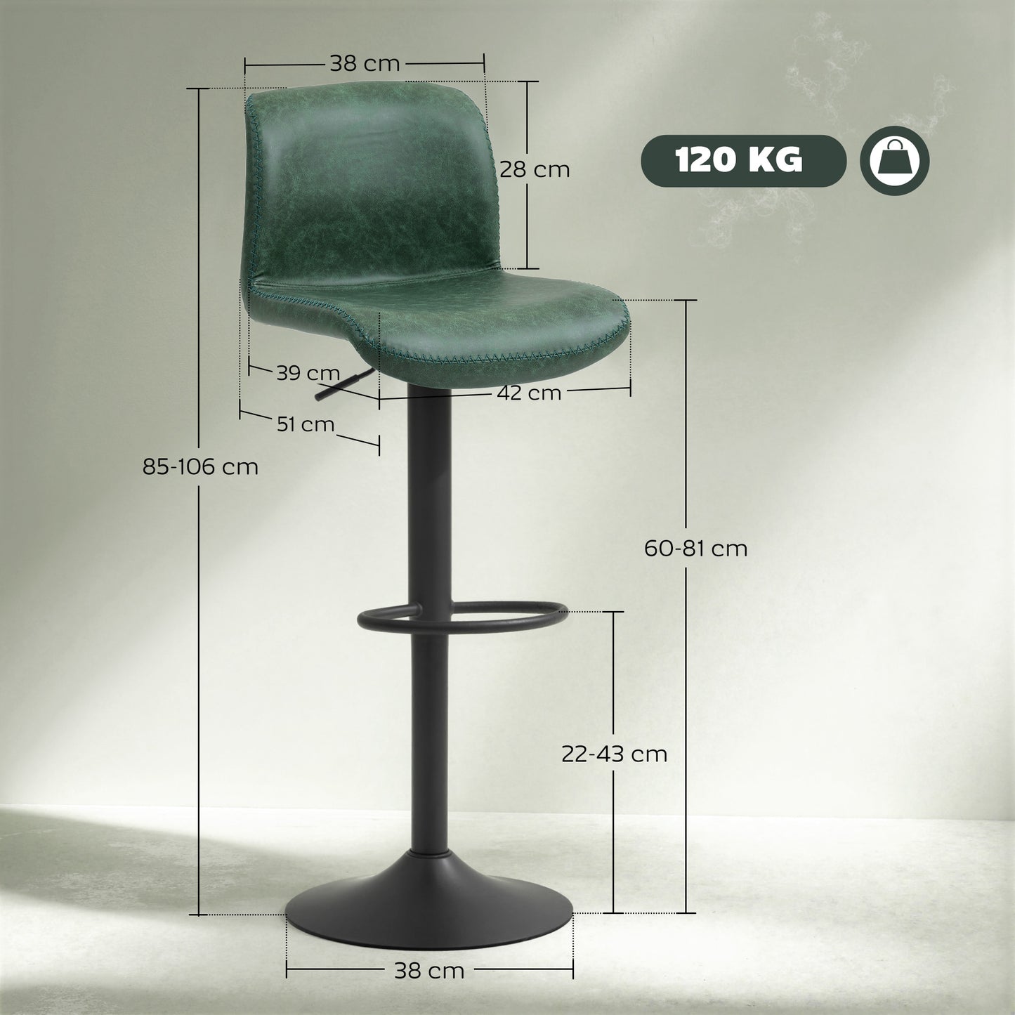 Barstools Set of 2, Dining Stools with Backrest and Footrest, Green