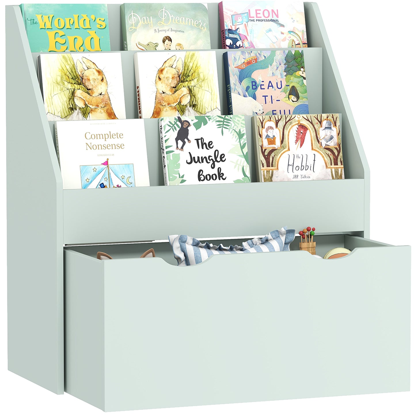 Kids Bookcase w/ 3 Tier Shelves, Drawer, for Bedroom, Nursery, Green