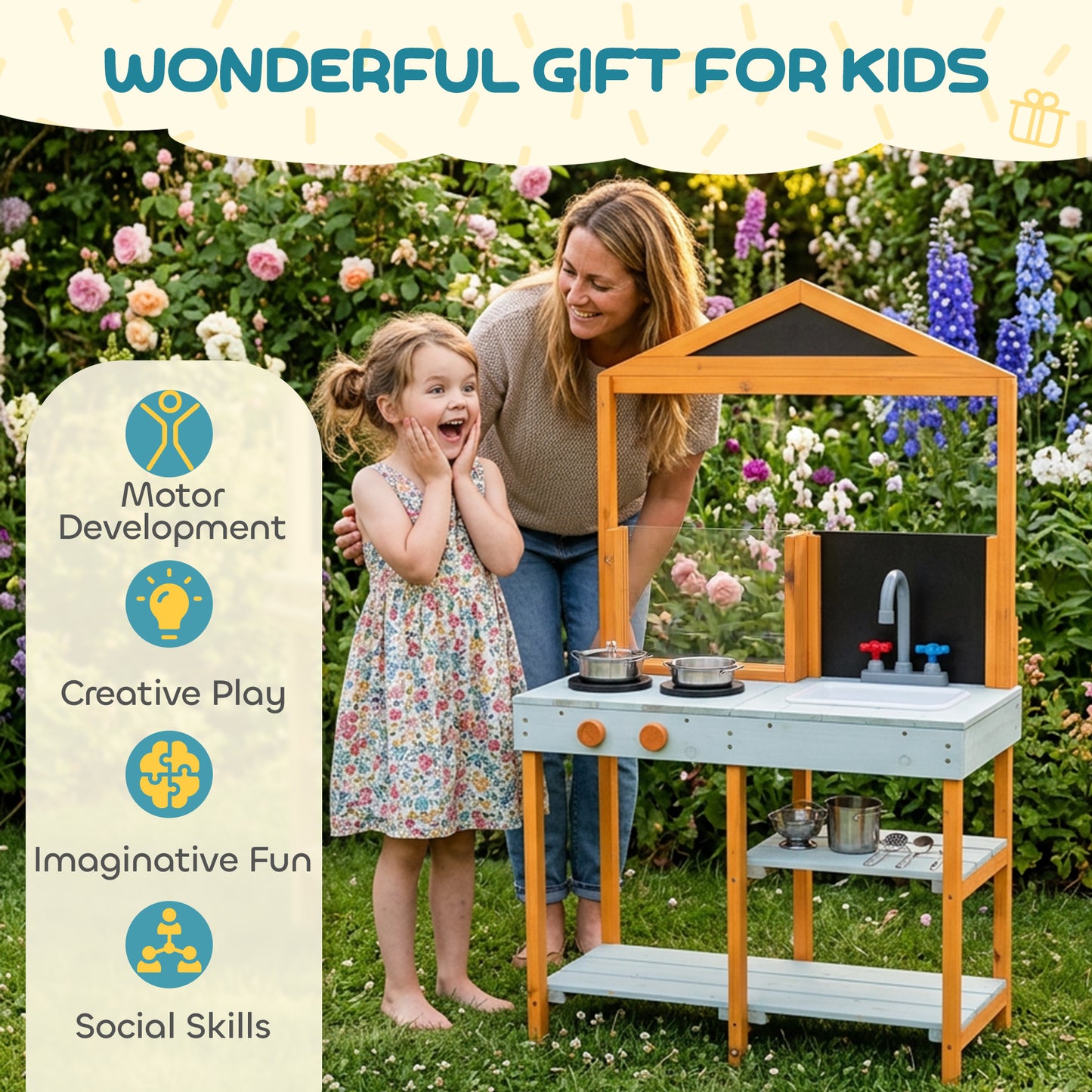 Wooden Mud Kitchen for Kids with Removable Sink, Cookware, Shelves