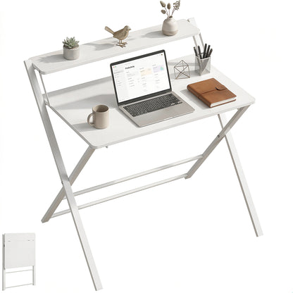 Folding Desk with 2-Tier Shelf for Home Office, White