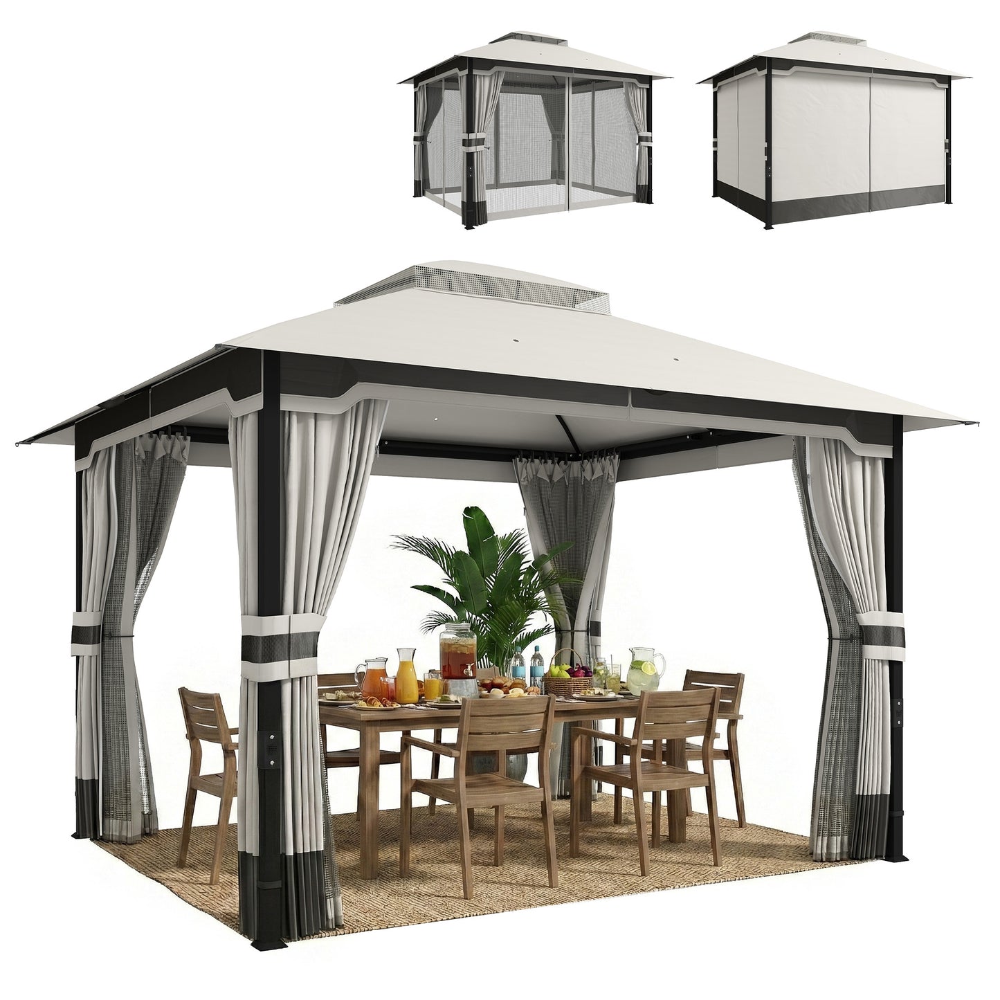 3 x 3.6 m Outdoor Garden Gazebo with Netting, Curtains, Light Grey