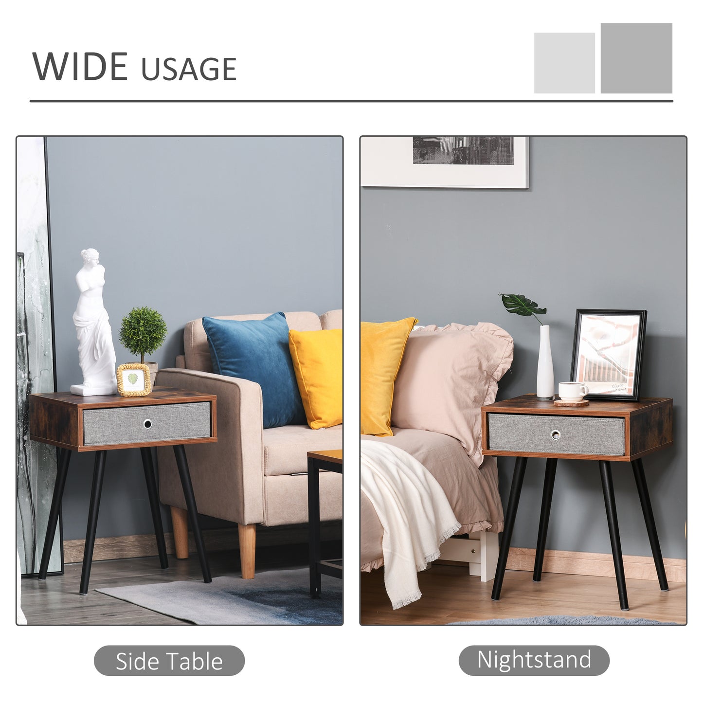 Side Table, Nightstand, End Table with Removable Fabric Drawer, Retro Style Accent Furniture with Wooden Legs, Rustic Brown and Black